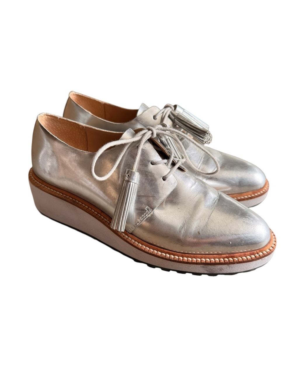 Loeffler Randall Silver Metallic Tassel Lace-Up Platform Oxfords